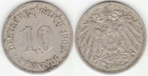 1908 G Germany 10 Pfennig A000369